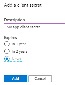 Adding a client secret that never expires